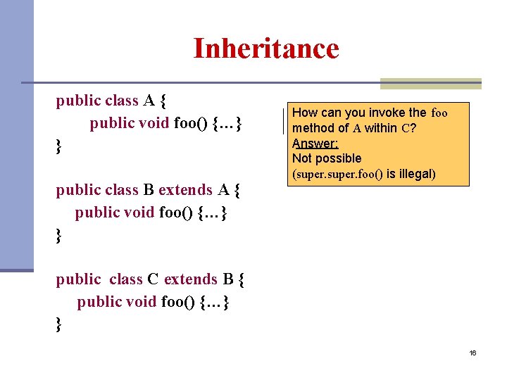 Inheritance public class A { public void foo() {…} } public class B extends