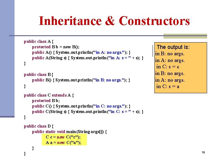 Inheritance & Constructors public class A { protected B b = new B(); public