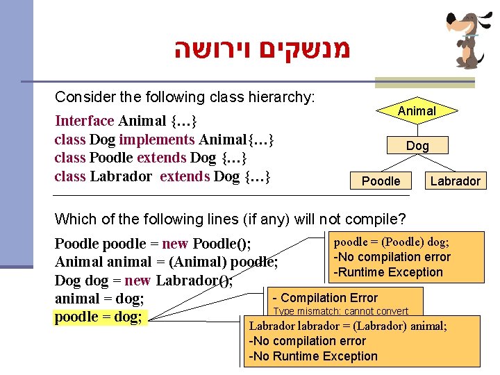  מנשקים וירושה Consider the following class hierarchy: Interface Animal {…} class Dog implements