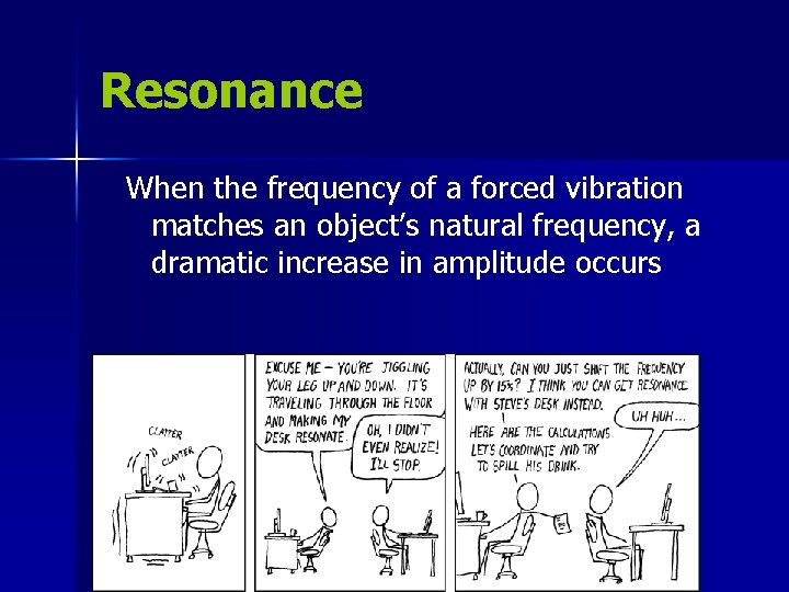 Resonance When the frequency of a forced vibration matches an object’s natural frequency, a Resonance When the frequency of a forced vibration matches an object’s natural frequency, a