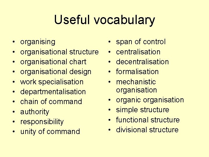 Useful vocabulary • • • organising organisational structure organisational chart organisational design work specialisation