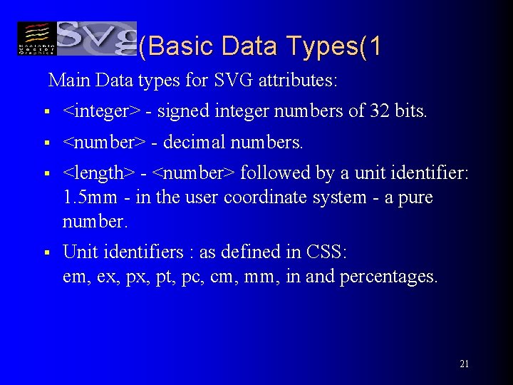 (Basic Data Types(1 Main Data types for SVG attributes: § <integer> - signed integer