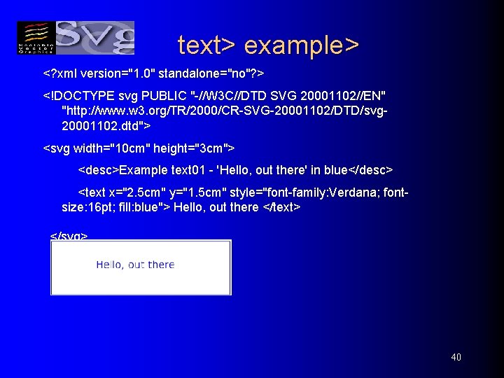 text> example> <? xml version="1. 0" standalone="no"? > <!DOCTYPE svg PUBLIC "-//W 3 C//DTD
