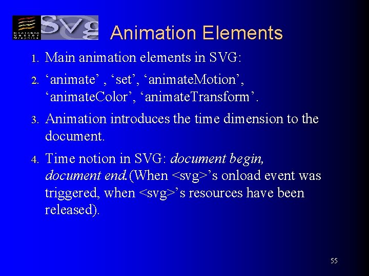 Animation Elements 1. Main animation elements in SVG: 2. ‘animate’ , ‘set’, ‘animate. Motion’,