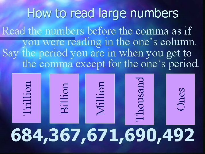 How to read large numbers Ones Thousand Million Billion Trillion Read the numbers before