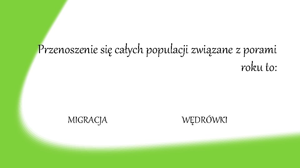 Przenoszenie się całych populacji związane z porami roku to: MIGRACJA WĘDRÓWKI 