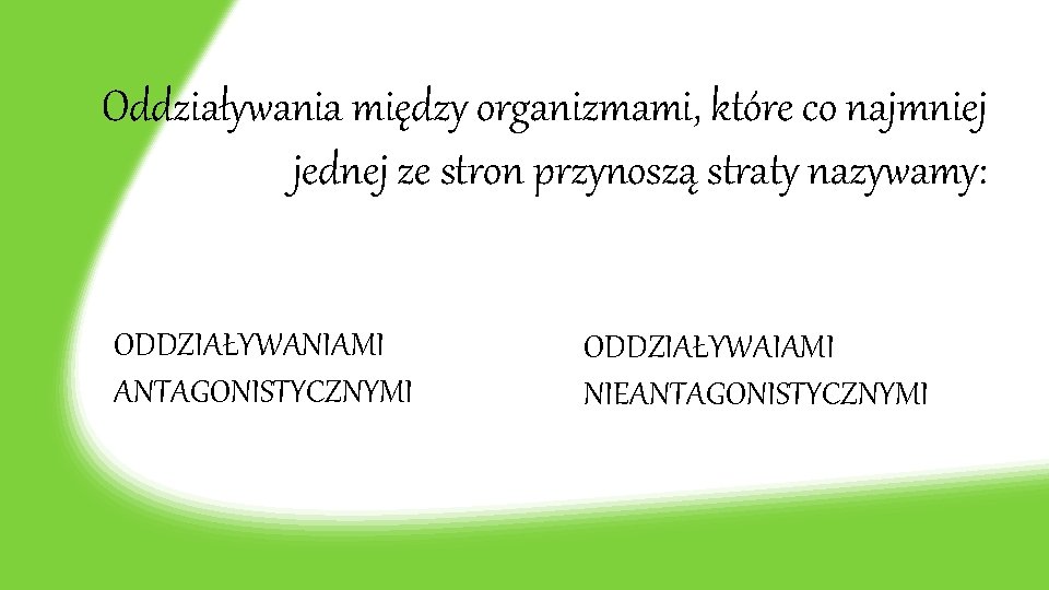 Oddziaływania między organizmami, które co najmniej jednej ze stron przynoszą straty nazywamy: ODDZIAŁYWANIAMI ANTAGONISTYCZNYMI