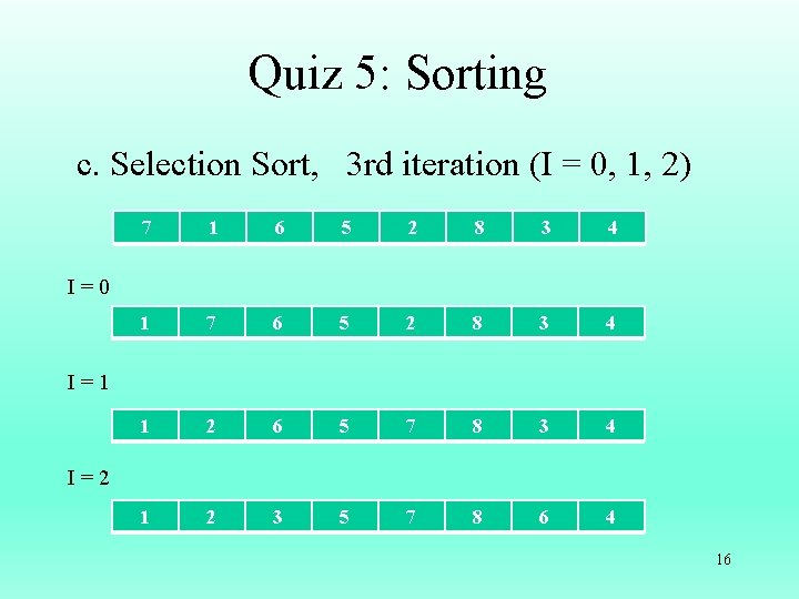 Quiz 5: Sorting c. Selection Sort, 3 rd iteration (I = 0, 1, 2)