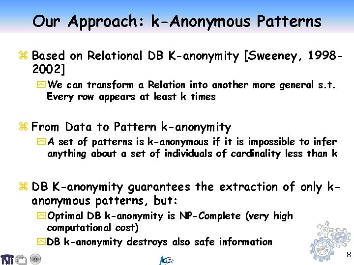 Our Approach: k-Anonymous Patterns z Based on Relational DB K-anonymity [Sweeney, 19982002] y We