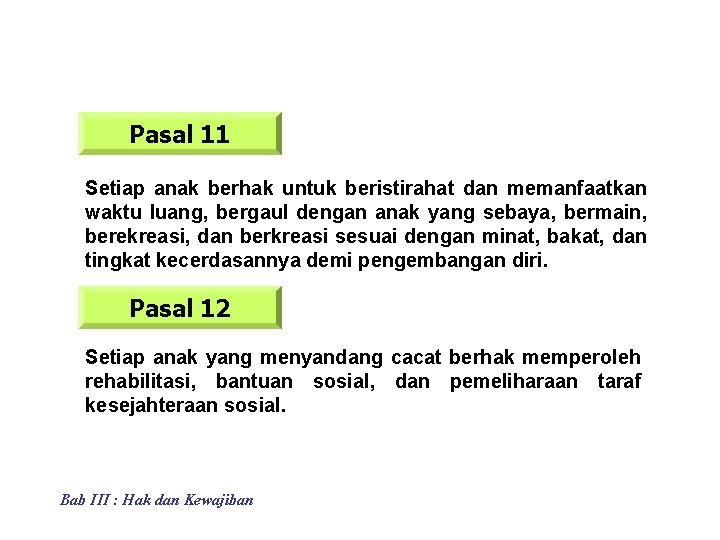 Pasal 11 Setiap anak berhak untuk beristirahat dan memanfaatkan waktu luang, bergaul dengan anak