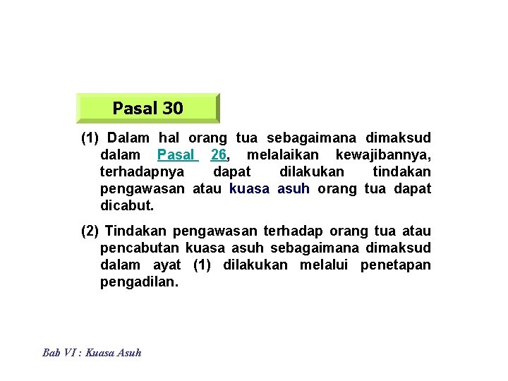 Pasal 30 (1) Dalam hal orang tua sebagaimana dimaksud dalam Pasal 26, melalaikan kewajibannya,