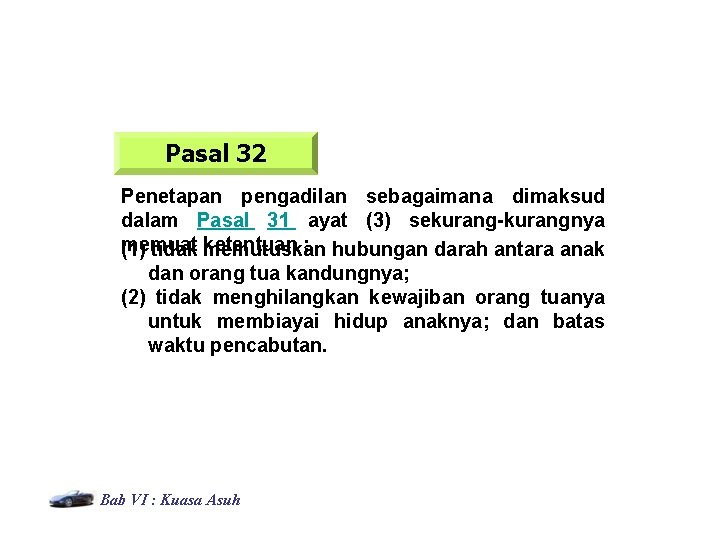 Pasal 32 Penetapan pengadilan sebagaimana dimaksud dalam Pasal 31 ayat (3) sekurang-kurangnya memuat ketentuan