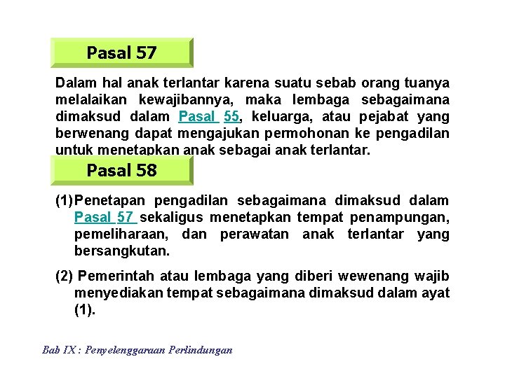 Pasal 57 Dalam hal anak terlantar karena suatu sebab orang tuanya melalaikan kewajibannya, maka