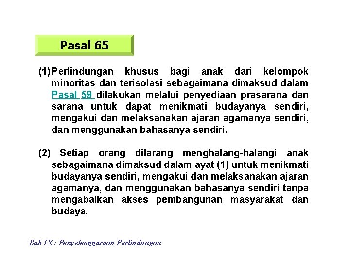 Pasal 65 (1) Perlindungan khusus bagi anak dari kelompok minoritas dan terisolasi sebagaimana dimaksud