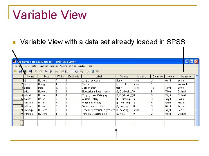 Variable View n Variable View with a data set already loaded in SPSS: 