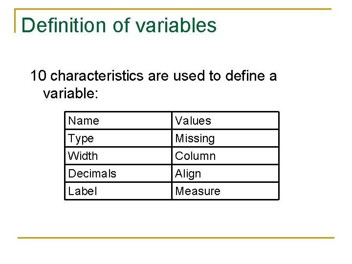 Definition of variables 10 characteristics are used to define a variable: Name Type Width