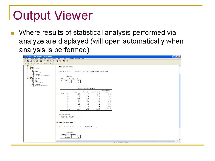 Output Viewer n Where results of statistical analysis performed via analyze are displayed (will