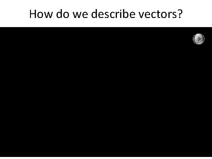 How do we describe vectors? • Vectors have magnitude and direction. Examples: Displacement, velocity,