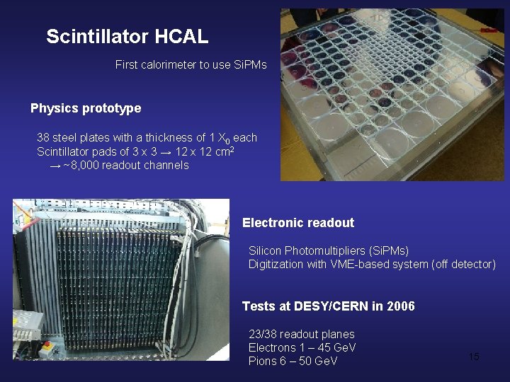 Scintillator HCAL First calorimeter to use Si. PMs Physics prototype 38 steel plates with
