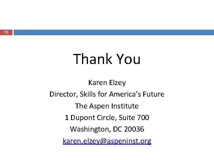 13 Thank You Karen Elzey Director, Skills for America’s Future The Aspen Institute 1