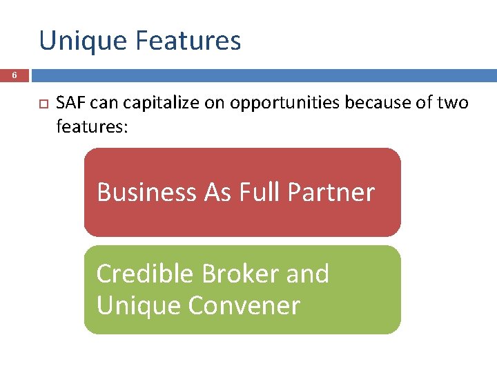 Unique Features 6 SAF can capitalize on opportunities because of two features: Business As