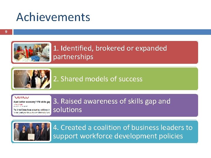 Achievements 9 1. Identified, brokered or expanded partnerships 2. Shared models of success 3.