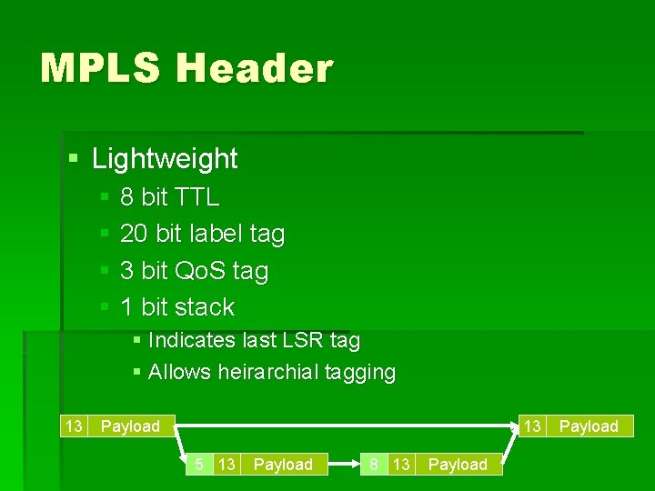 MPLS Header § Lightweight § 8 bit TTL § 20 bit label tag §