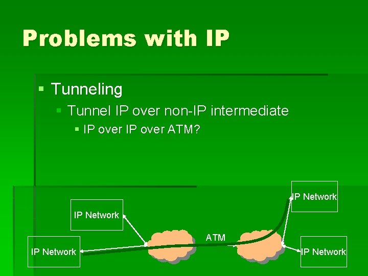 Problems with IP § Tunneling § Tunnel IP over non-IP intermediate § IP over