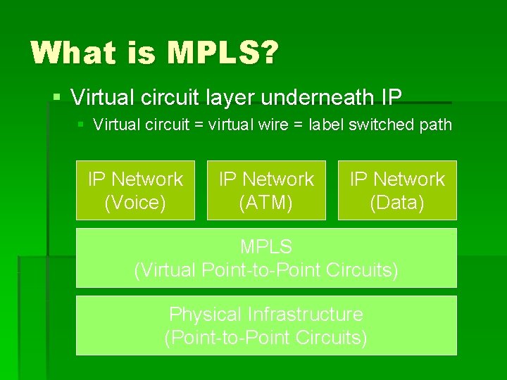What is MPLS? § Virtual circuit layer underneath IP § Virtual circuit = virtual