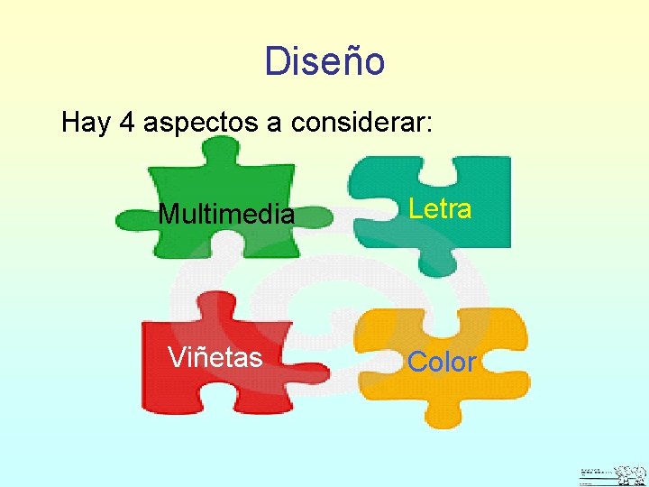 Diseño Hay 4 aspectos a considerar: Multimedia Viñetas Letra Color 