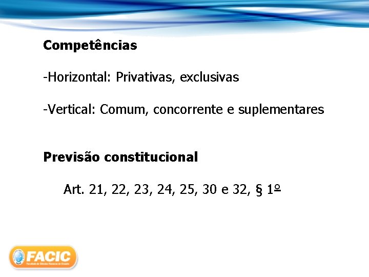 Competências -Horizontal: Privativas, exclusivas -Vertical: Comum, concorrente e suplementares Previsão constitucional Art. 21, 22,