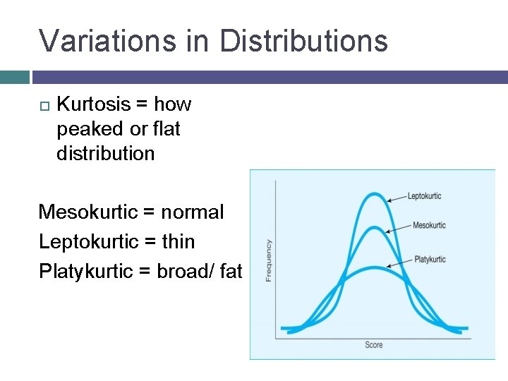 Variations in Distributions Kurtosis = how peaked or flat distribution Mesokurtic = normal Leptokurtic