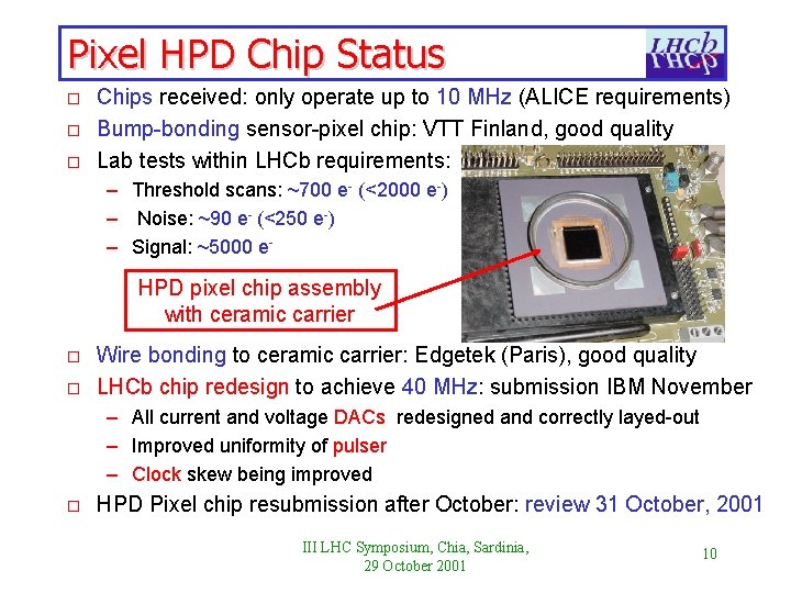 Pixel HPD Chip Status o o o Chips received: only operate up to 10