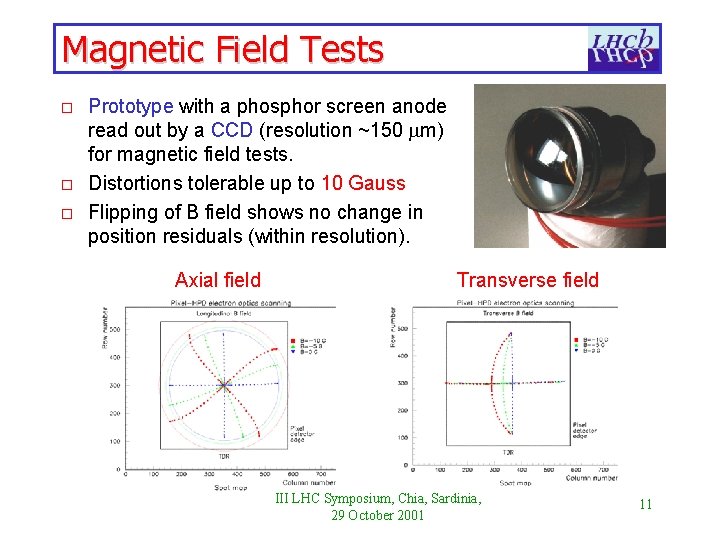 Magnetic Field Tests o o o Prototype with a phosphor screen anode read out