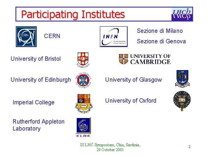 Participating Institutes CERN Sezione di Milano Sezione di Genova University of Bristol University of