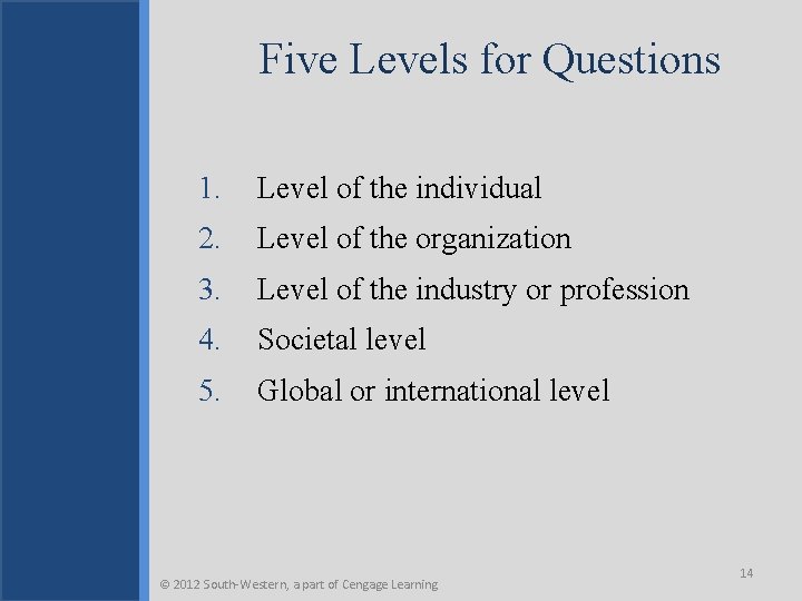 Five Levels for Questions 1. Level of the individual 2. Level of the organization