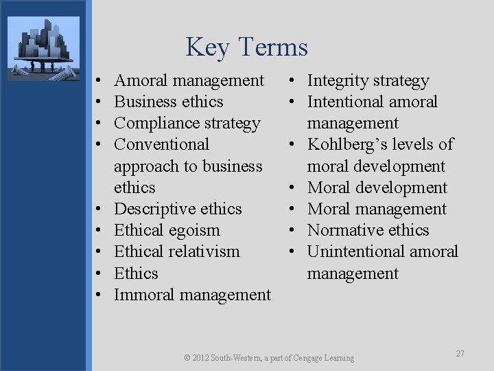 Key Terms • • • Amoral management Business ethics Compliance strategy Conventional approach to