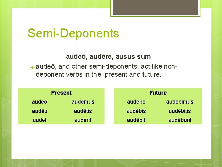 Semi-Deponents audeō, audēre, ausus sum audeō, and other semi-deponents, act like nondeponent verbs in