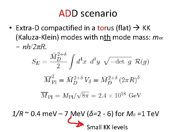ADD scenario • Extra-D compactified in a torus (flat) KK (Kaluza-Klein) modes with nth