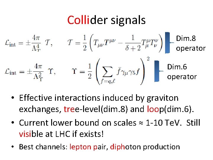 Collider signals Dim. 8 operator Dim. 6 operator • Effective interactions induced by graviton