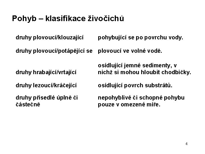 Pohyb – klasifikace živočichů druhy plovoucí/klouzající pohybující se po povrchu vody. druhy plovoucí/potápějící se Pohyb – klasifikace živočichů druhy plovoucí/klouzající pohybující se po povrchu vody. druhy plovoucí/potápějící se