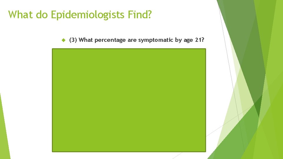 What do Epidemiologists Find? (3) What percentage are symptomatic by age 21? 75% No