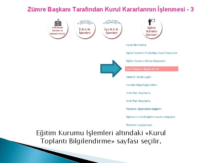 Zümre Başkanı Tarafından Kurul Kararlarının İşlenmesi - 3 Eğitim Kurumu İşlemleri altındaki «Kurul Toplantı