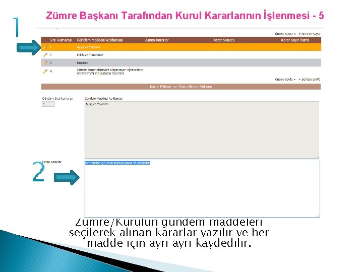 Zümre Başkanı Tarafından Kurul Kararlarının İşlenmesi - 5 Zümre/Kurulun gündem maddeleri seçilerek alınan kararlar