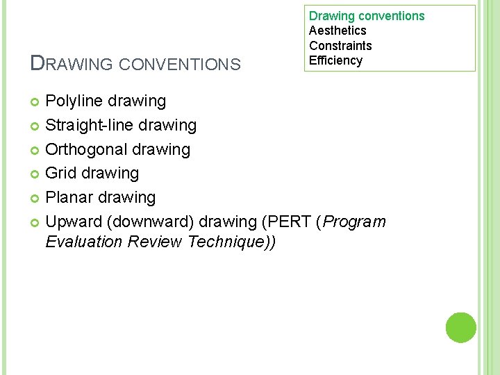 DRAWING CONVENTIONS Drawing conventions Aesthetics Constraints Efficiency Polyline drawing Straight-line drawing Orthogonal drawing Grid