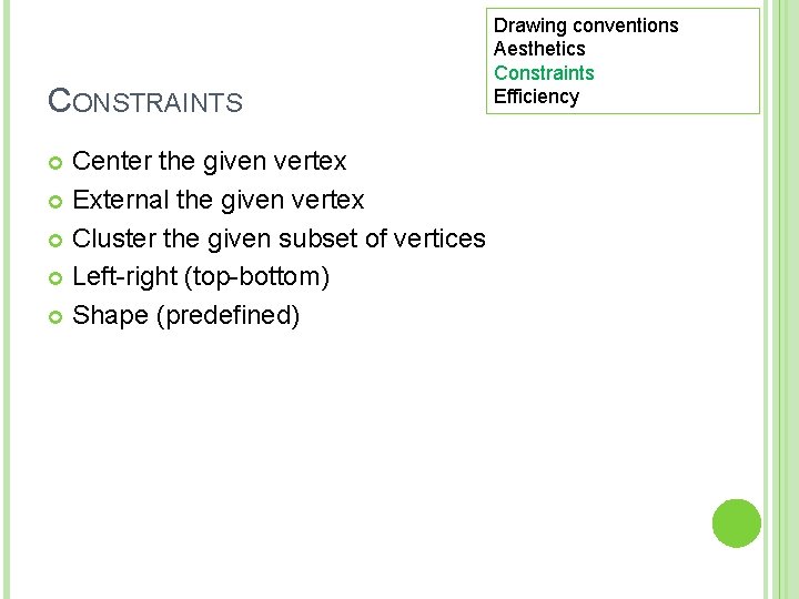 CONSTRAINTS Center the given vertex External the given vertex Cluster the given subset of