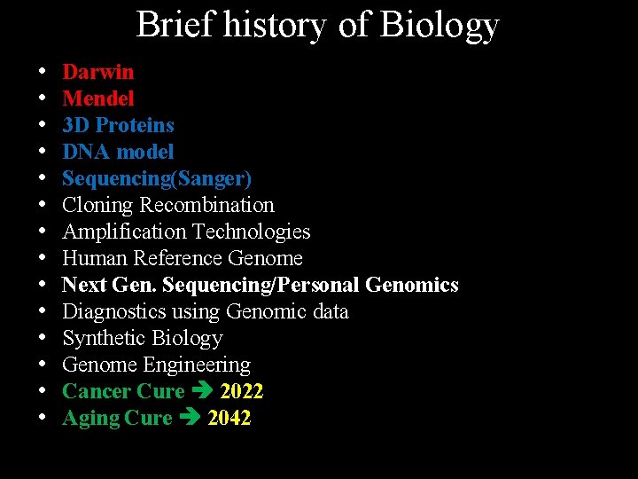 Brief history of Biology • • • • Darwin Mendel 3 D Proteins DNA