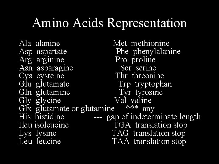 Amino Acids Representation Ala alanine Met methionine Asp aspartate Phe phenylalanine Arg arginine Pro