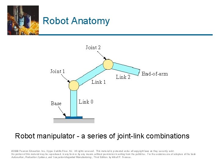 Robot Anatomy Robot manipulator - a series of joint-link combinations © 2008 Pearson Education,