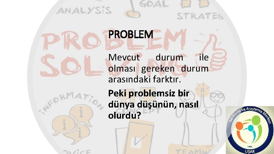 PROBLEM Mevcut durum ile olması gereken durum arasındaki farktır. Peki problemsiz bir dünya düşünün,